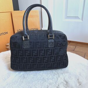 FENDI Zucchino Tote Handbag Canvas Leather Black Italy Authentic 0022-29900